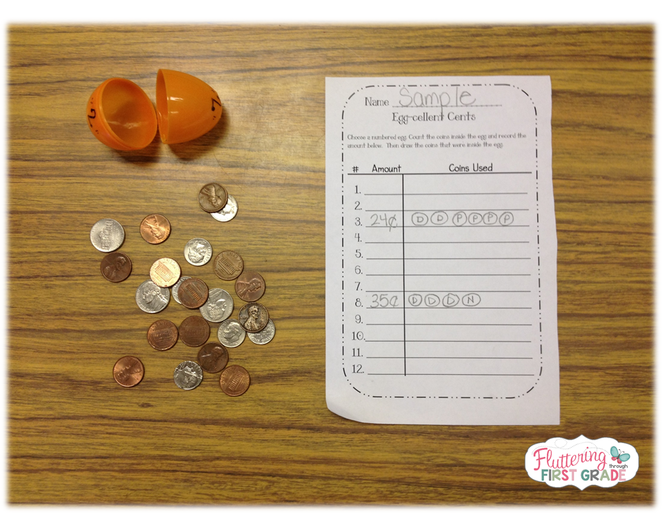 Coin counting math center activity for Spring - Egg-cellent Cents