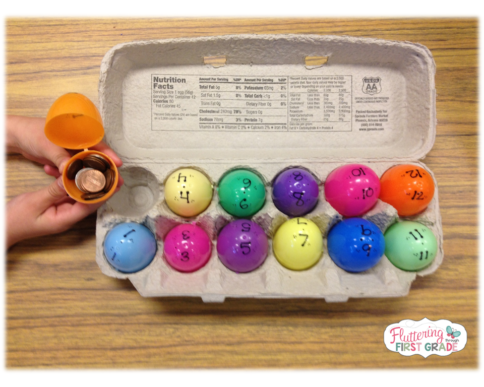 Coin counting math center activity for Spring - Egg-cellent Cents
