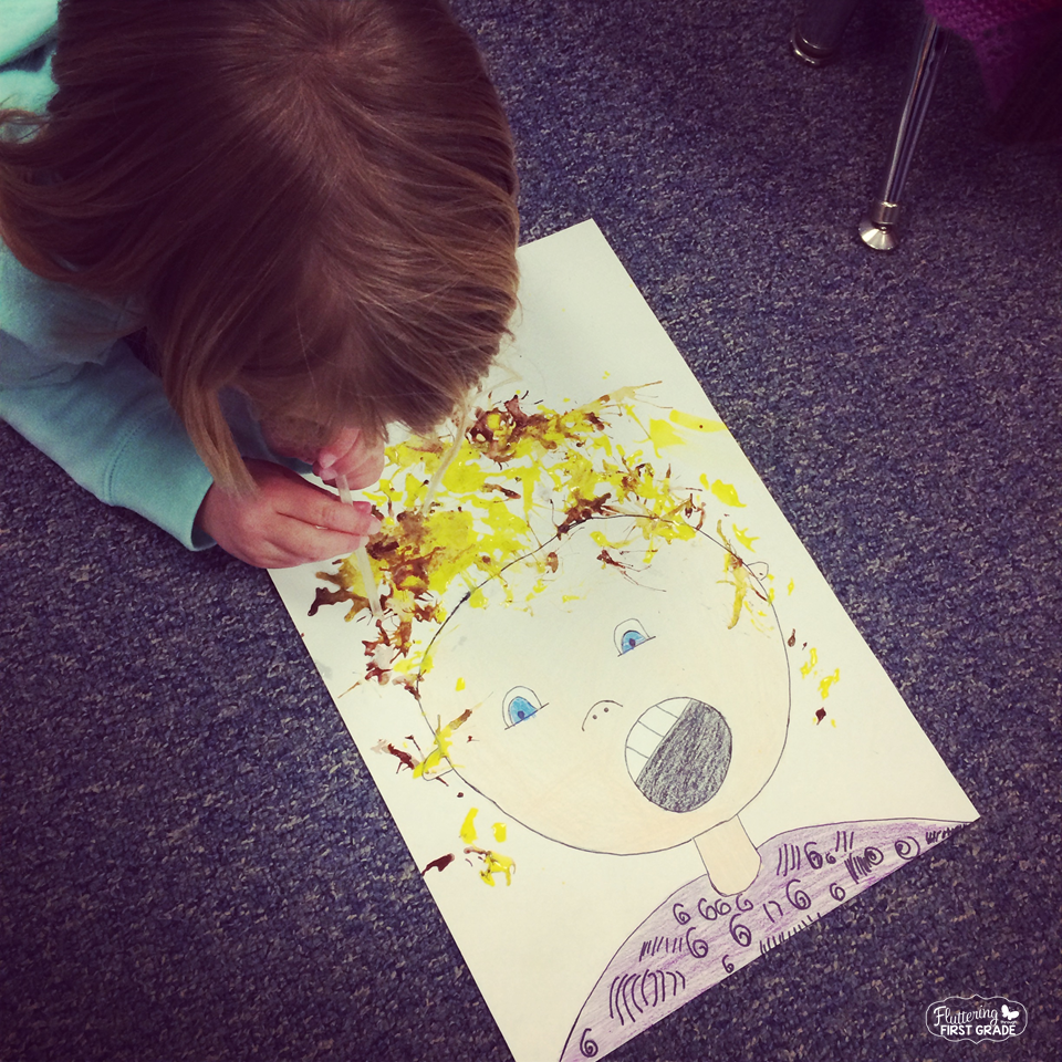 Weather activities for the primary classroom. Draw and paint a wind blown self-portrait.