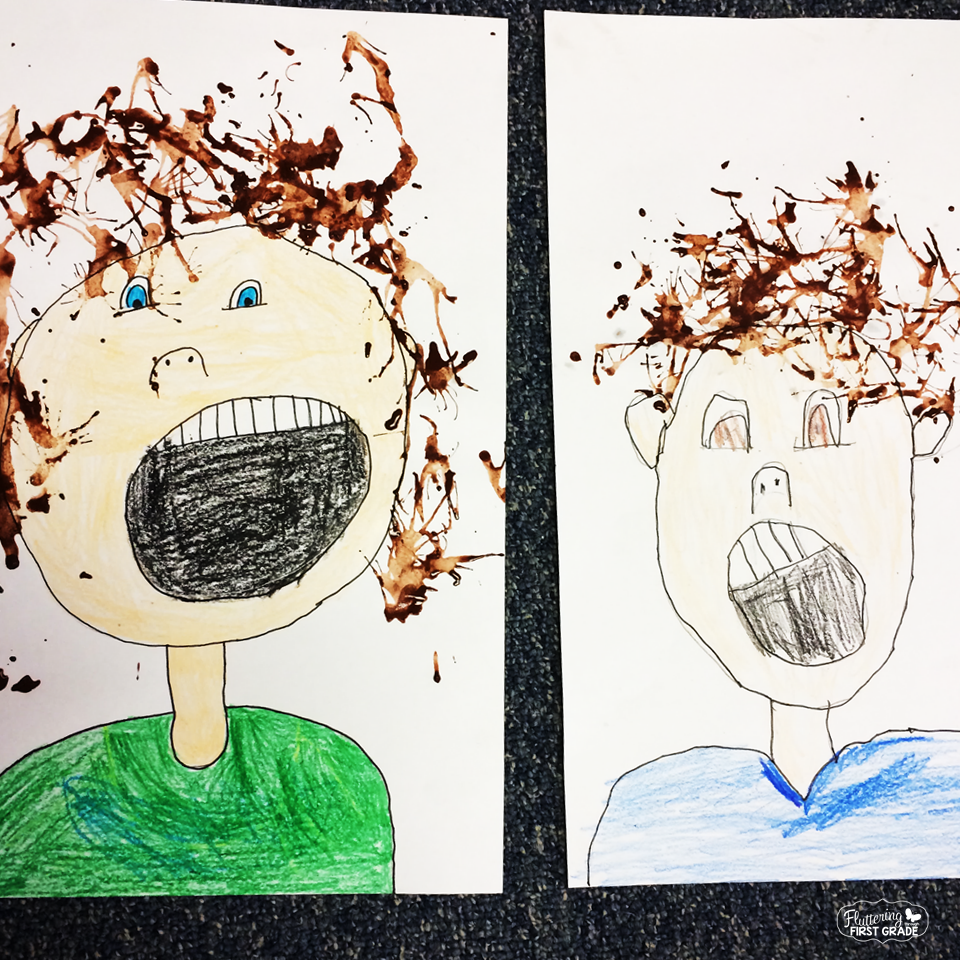 Weather activities for the primary classroom. Draw and paint a wind blown self-portrait.